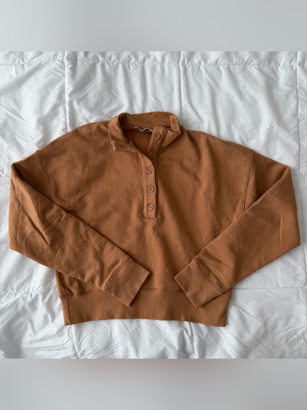 Reformation Organic Cotton Button Sweatshirt S Camel Brown Tan Cropped Lounge